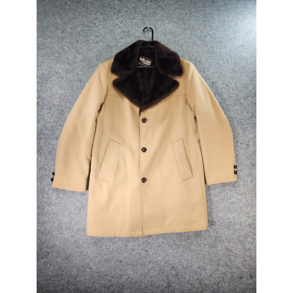 Vintage Studio One By Campus Overcoat 42 Faux Fur Beige‎ Long Sleeve Button 70s